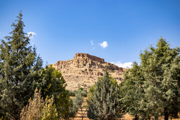 View of mountains hills and steppe vegetation.