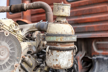 Details of a disassembled engine in a truck
