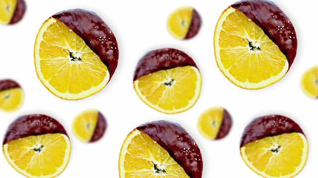 Flying many slices of oranges in chocolate of different diameters, on a white background. food concept. Animation of rotating sliced orange fruits. Fresh fruit.High quality 4k Christmas sweets footage