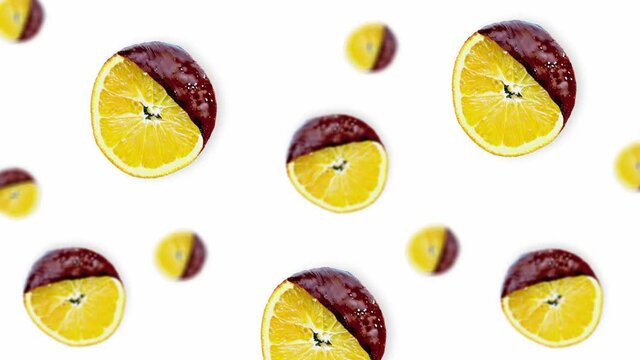 Flying many slices of oranges in chocolate of different diameters, on a white background. food concept. Animation of rotating sliced orange fruits. Fresh fruits animation. Diet, health dessert, Christ