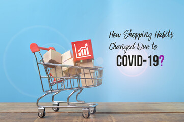 Shopping cart, graph on red wooden block with question HOW SHOPPING HABITS CHANGED DUE TO COVID-19?