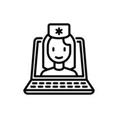 Online doctor thin line icon: doctor on screen of laptop. Modern vector illustration of online medical consultant.