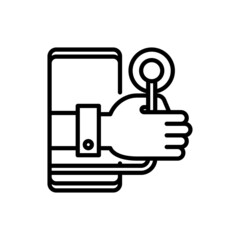 Telemedicine. Online diagnostics thin line icon: hand with stethoscope from screen of smartphone. Modern vector illustration of online medical consultant.