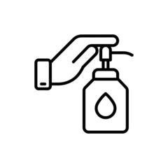 Hand pushing on the bottle with pump. Massage oil thin line icon. Modern vector illustration.