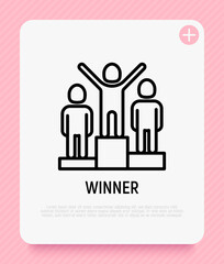 Winner at podium thin line icon. Champion, leader, achievement of goal. Vector illustration.