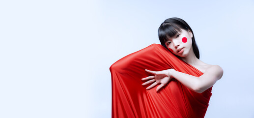 Flyer with young amazing Japanese girl with bright stage make-up isolated on white studio background.