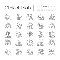 Fototapeta na wymiar Clinical trials linear icons set. Experimental medicine research. Clinical scientist. New drugs testing. Customizable thin line contour symbols. Isolated vector outline illustrations. Editable stroke