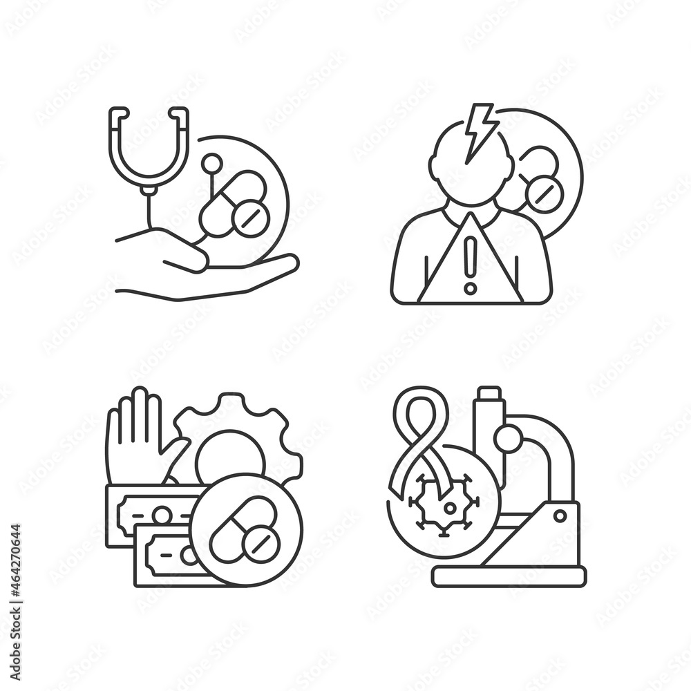 Poster drug-potency studies linear icons set. improving treatment. side effects risk. feasibility process. 