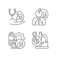 Drug-potency studies linear icons set. Improving treatment. Side effects risk. Feasibility process. Customizable thin line contour symbols. Isolated vector outline illustrations. Editable stroke