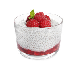 Delicious chia pudding with raspberries and mint on white background