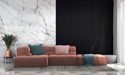 Living room interior and decoration mock up furniture and black and white marble wall pattern background
