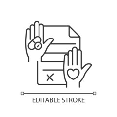 Informed consent linear icon. Research ethics. Requirement for clinical trials. Health literacy. Thin line customizable illustration. Contour symbol. Vector isolated outline drawing. Editable stroke