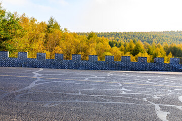 Empty asphalt road and autumn trees landscape.Road and forest with mountain background.