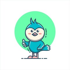 Cute blue bird mascot with thumbs up vector illustration. Bird in flat cartoon style. Suitable for stickers, mascots, icons, web landing pages and more.