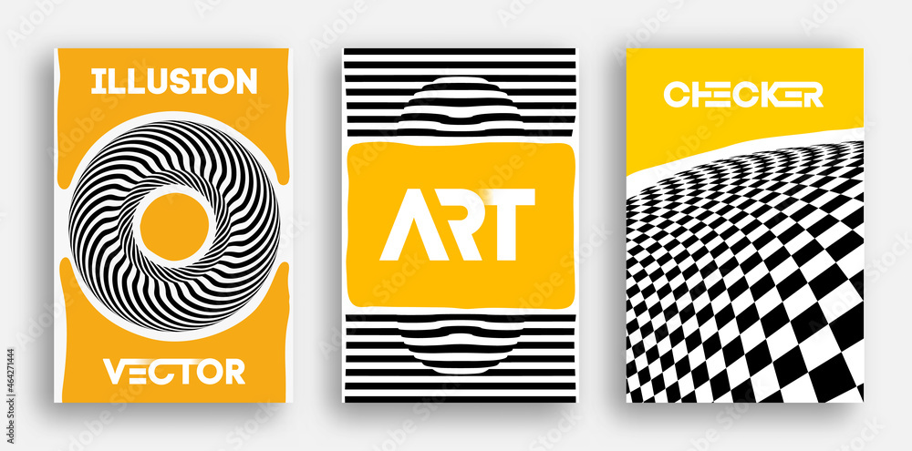Poster vector poster set. psychedelic pattern background optical illusion vector. abstract 3d black and whi