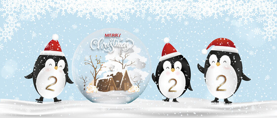 Christmas and New Year 2022 greeting card Cute penguin set with xmas globe, Vector funny penguin cartoon character wearing red Christmas hat playing ice skating on snow,Horizon Holiday banner
