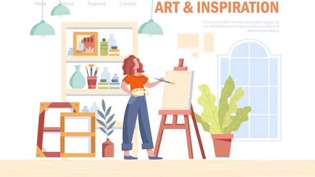Female artist concept. Woman holds palette with paints and brush in her hands and draws beautiful still life. Popup label. Moving character in art studio. Flat video animation on white background