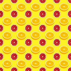 Fresh orange and grapefruit slices seamless pattern over yellow background, top view