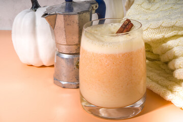 Autumn warm drinks. Homemade spicy dairy pumpkin creamer made from cream or milk and pumpkin puree...