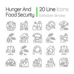 Hunger and food security linear icons set. Poverty and starvation. Food justice volunteer organizations. Customizable thin line contour symbols. Isolated vector outline illustrations. Editable stroke