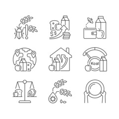 Hunger reasons linear icons set. Pests and harvest loss danger. Financial problem that lead to hunger. Customizable thin line contour symbols. Isolated vector outline illustrations. Editable stroke