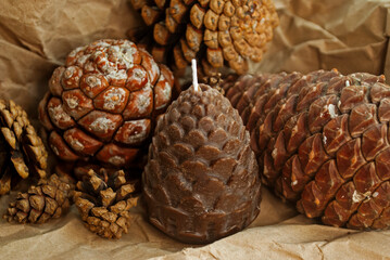 A pine cone shaped candle surrounded by real cones. Candlemaking. 