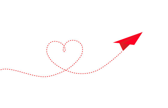 A red paper rocket flying in a heart shape on a white background.