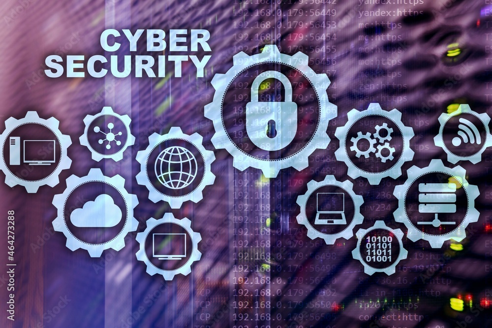 Poster cyber security network. data protection privacy concept on datacenter background