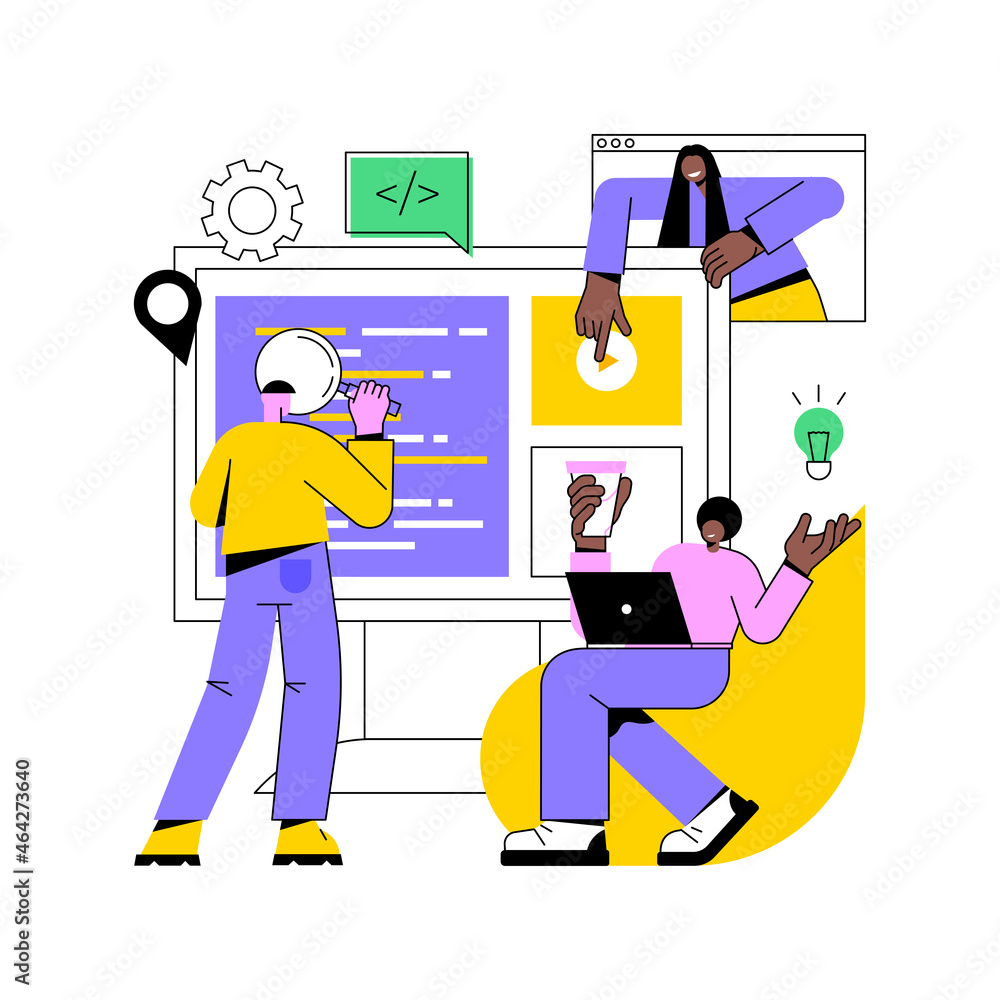 Aufkleber software development team abstract concept vector illustration. remote teamwork, digital team on dem