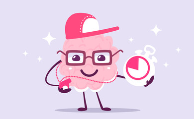 Vector Creative Illustration of Happy Brain in Sport Cap and Glasses on Color Background. Flat Doodle Style Knowledge Concept Design of Happy Smile Human Brain Character with Whistle and Stopwatch