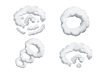 Set smoke dust explosion in cartoon style isolated on white background. Collection frame, game asset. Abstract gray cloud, gas, motion element. 