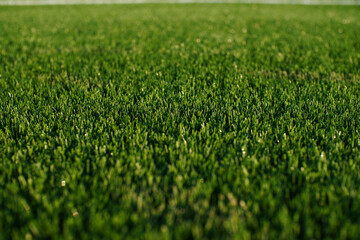 green synthetic grass surface on a soccer ground, european football field with artificial grass © Dragos Grama/Wirestock
