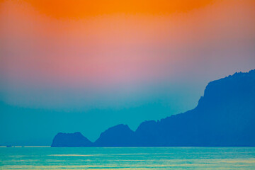 Photo of real colors of sunset at Miami in retrowave or cyberpunk colors.