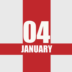 january 4. 4th day of month, calendar date.White numbers and text on red intersecting stripes. Concept of day of year, time planner, winter month.