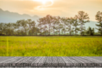 Wooden table and blur of beauty on a sunny day on rice field with sky and mountains as background.
