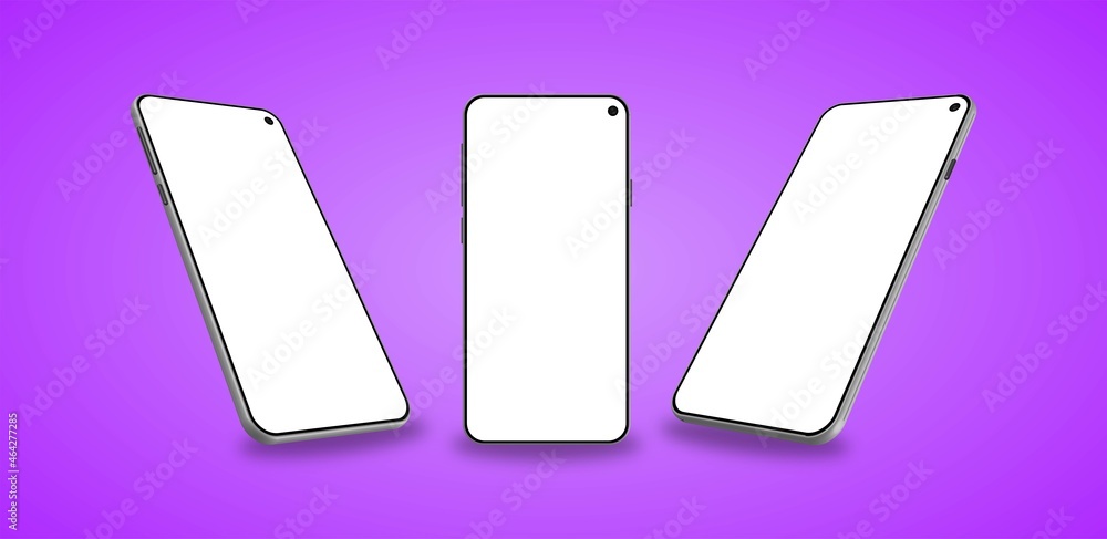Poster set of realistic smartphones at different angles mockup. cellphone with blank display. mobile phone 