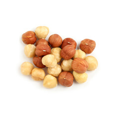 Heap of tasty hazelnuts on white background, top view