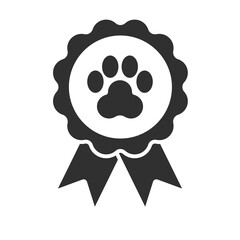 Award ribbon with a paw in the center. Symbol of prizes and awards at an exhibition, competition. Icon for your website, logo, app, user interface