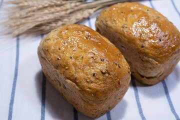 Holewheat toast with dry wheat over fabric - bakery breakfast background concept
