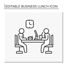 Meeting line icon. Working meeting at lunch time. Communication between workers. Business lunch concept. Isolated vector illustration. Editable stroke