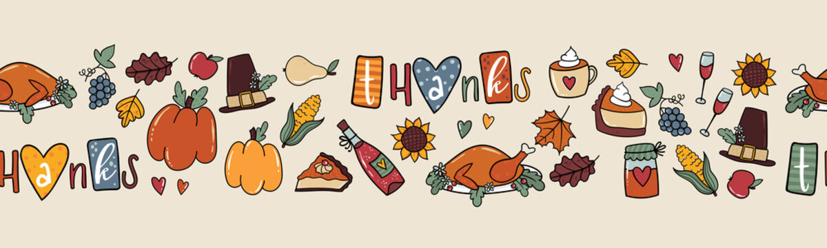 Cute hand drawn Thanksgiving seamless pattern, lovely food and autumn doodles, great for textiles, banners, wallpapers, wrapping - vector design