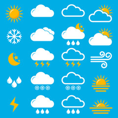 Weather Icons For Print, Web or Mobile App. Weather icon set. App for print, web or mobile. Flat vector symbols are isolated on white background. Vector illustration.