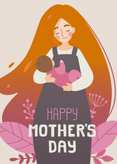 Happy mothers day postcard. Young beautiful woman with long red hair holding her baby with tenderness.
