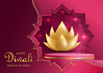 Podium round stage style, for Diwali, Deepavali or Dipavali, the indian festival of lights with Diya lamp, fire lighting and orientl objects on color background
