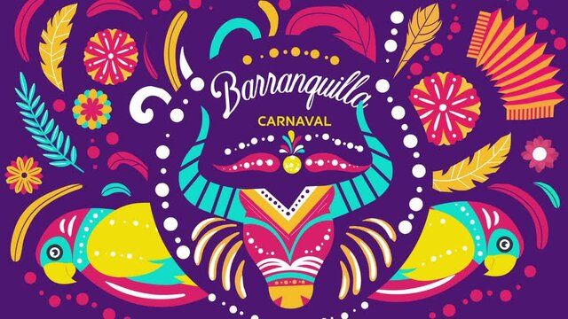 Barranquilla Carnival concept. Colombian holiday. Colorful bull with horns and patterns. Purple Background with moving elements, leaves and shapes. Popup label. Flat video animation in high resolution