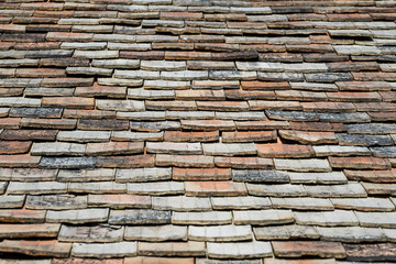 Close up old background tiled roof of a house, Europe