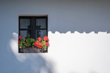 Fototapeta na wymiar Wooden window in an old farm house with colorful potted flowers in the ethnographic village of Holloko in Hungary