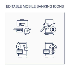 Mobile banking service line icons set. Instant card issuance, check money balances, lock and unlock card, credit score changing. Online banking concept. Isolated vector illustrations.Editable stroke