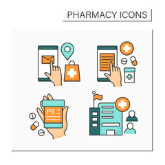 Pharmacy color icons set.Public health, online prescription, mail order, label. Healthcare concept. Isolated vector illustrations