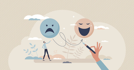 Positive thinking as switch from sad feeling to happy tiny person concept. Optimism and mindset power to change emotions from mad to joyful vector illustration. Behavior decision with mental power.